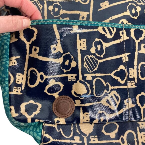 Fossil Key Per Coated Canvas Messenger Bag Blue Key Print Adjustable Strap - Picture 7 of 16